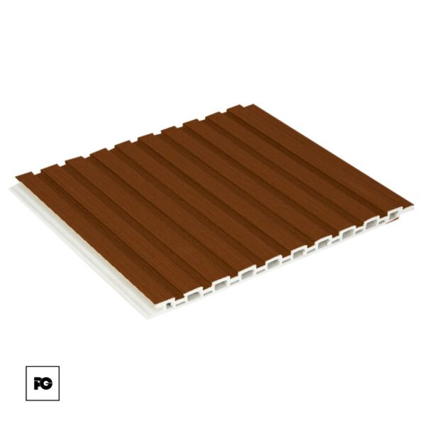 Brown ribbed siding panel with evenly spaced grooves and a white backing visible along the edge (building material). Regular, corrugated texture suggests plastic/composite cladding used for exterior walls or decks.